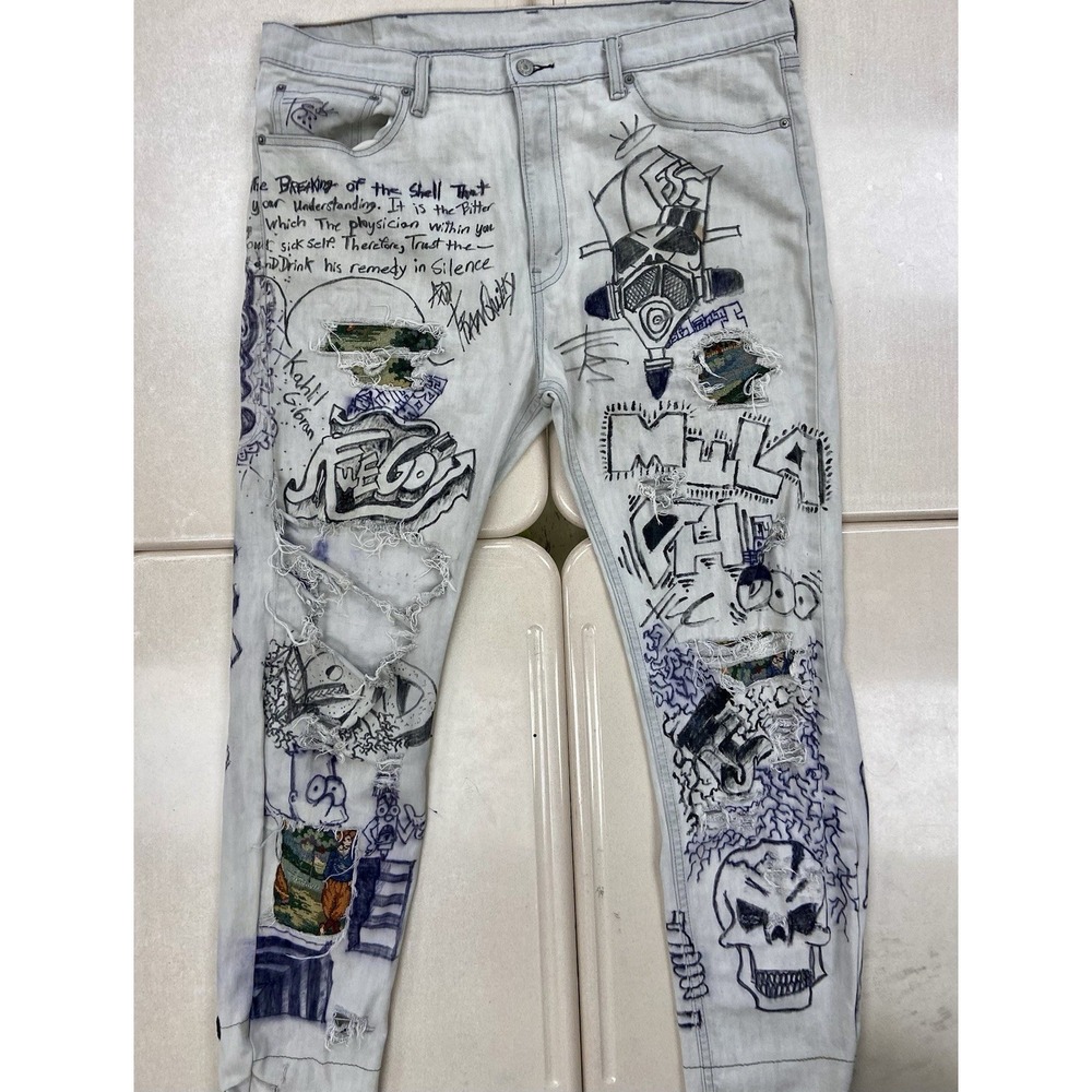 Custom Hand Drawn Graffiti 38x32 Light Washed Jeans Levi's 508 Camo Cuff